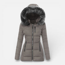 Damen Steppjacke mit Kapuze und Kunstfellkragen in Grau