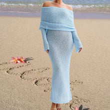 Damen Off-Shoulder Strickkleid mit langen Ärmeln und eleganter Silhouette Drune in Hellblau