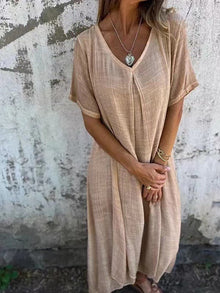 Naduni - Stilvolles Kleid Aus Baumwolle Und Leinen Mit V-Ausschnitt in Beige