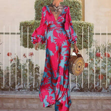 Damen Maxikleid mit schimmerndem floralem Design und elegantem V-Ausschnitt Drune in Magenta