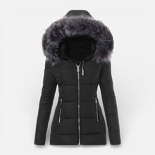 Damen Steppjacke mit Kapuze und Kunstfellkragen in Schwarz