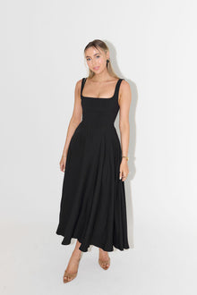 Damen Elegant Quadrat Hals Midikleid in Schwarz