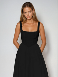 Damen Lässig Ärmelloses Square Neck Midikleid in Schwarz
