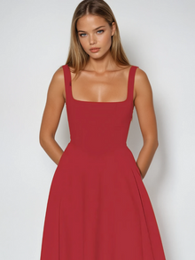 Damen Lässig Ärmelloses Square Neck Midikleid in Rot