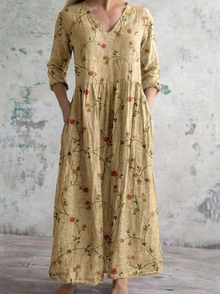 Damen Blumenmuster V-Ausschnitt Midikleid in Gelb