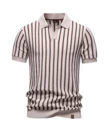 Polo Shirt Herren | Strick-Poloshirt mit Streifenmuster & Kragen in Beige