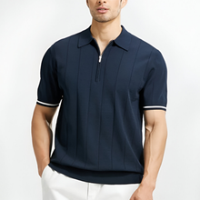 Poloshirt Herren | Kurzarm Strick-Polo mit Reißverschluss & Streifendetails in Marineblau