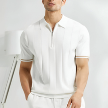 Poloshirt Herren | Kurzarm Strick-Polo mit Reißverschluss & Streifendetails in Weiß