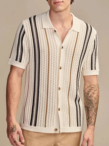 Poloshirt Herren | Offenes Strick-Polo mit Streifen & Vollknopfleiste in Beige