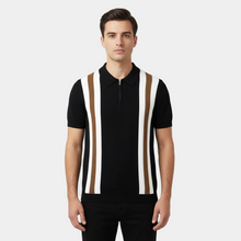 Poloshirt Herren | Retro Strick-Polo mit Kontraststreifen & Reißverschluss in Schwarz