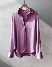 Damen Kragen Knopfleiste Satin Bluse in Lila