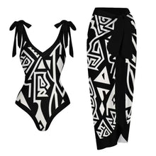 Alenya | Dein figurformender Push-Up-Einteiler mit passender Strandrobe in Schwarz / Weiß (Tribal-Muster)