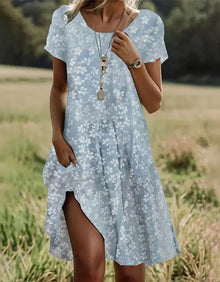 Giovana – Elegantes Midi-Kleid Mit Kurzen Ärmeln in Hellblau