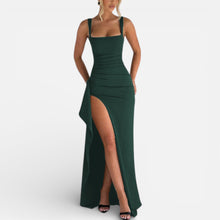 Damen Maxikleid mit Spaghettiträgern und Beinschlitz in Grün