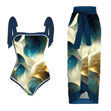 Alenya | Dein figurformender Push-Up-Einteiler mit passender Strandrobe in Dunkelblau / Gold abstrakt