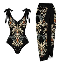 Alenya | Dein figurformender Push-Up-Einteiler mit passender Strandrobe in Schwarz / Beige mit Blumenmuster