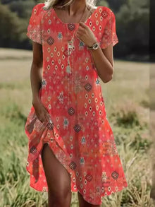 Giovana – Elegantes Midi-Kleid Mit Kurzen Ärmeln in Orange
