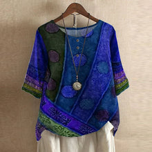 Damen Vintage Bedruckt Kurzarm Bluse in Blau Violett