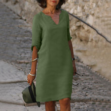 Johanna | Damen Leinenkleid 3/4 Arm – V-Ausschnitt Leinen Sommerkleid Midi 2026 in Dunkelgrün