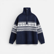 Herren Strickpullover mit Reissverschluss und Norwegermuster in Marineblau