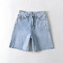 Damen Lässig Hohe Taille Rohsaum Jeans Shorts in Blau
