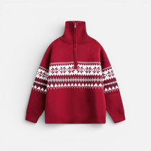 Herren Strickpullover mit Reissverschluss und Norwegermuster in Rot