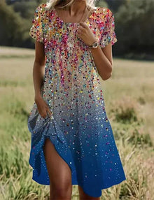 Giovana – Elegantes Midi-Kleid Mit Kurzen Ärmeln in Blau