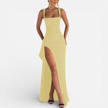 Damen Maxikleid mit Spaghettiträgern und Beinschlitz in Gelb