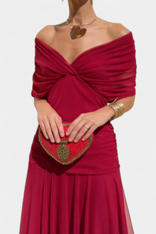 Paula – Elegantes, schulterfreies Drapierkleid für Damen in Rot
