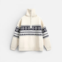 Herren Strickpullover mit Reissverschluss und Norwegermuster in Weiß