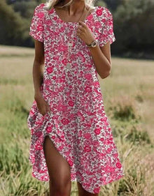Giovana – Elegantes Midi-Kleid Mit Kurzen Ärmeln in Rosa