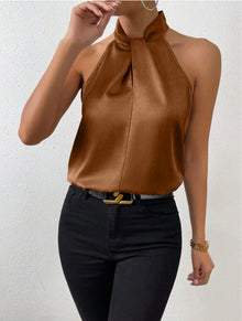 Seidentop Damen | Eleganter Knotenkragen & Fließender Fall in Dunkelbraun