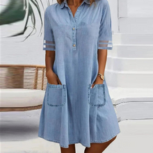 Damen Kurzarm Denim Sommer Midikleid in Blau