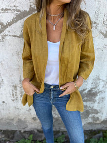 Strickjacke Damen | Offene Front & 3/4-Arm in Gelb