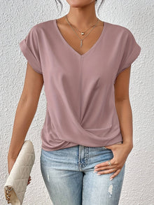 T Shirt Damen | Elegant mit Twist-Detail & V-Ausschnitt in Rosa