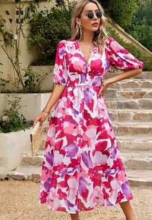 Damen Elegantes Blumenmuster Midikleid in Rosa