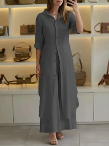 Damen Lässig Knopfleiste Lagenlook Blusenkleid Set in Grau