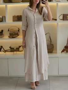Damen Lässig Knopfleiste Lagenlook Blusenkleid Set in Beige
