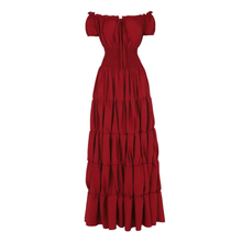 Margarete | Damen Schulterfreies Maxikleid Gestuft – Geraffter Bund Sommerkleid 2026 in Weinrot