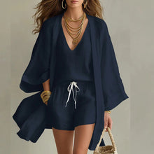 Zweiteiler Set Damen | Kimono & Shorts im Sommer-Look in Dunkelblau