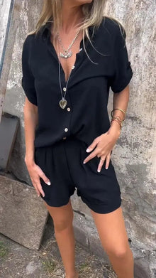 Zweiteiler Set Damen | Leinen-Hemd & Shorts im Sommer-Look in Schwarz