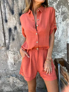 Zweiteiler Set Damen | Leinen-Hemd & Shorts im Sommer-Look in Orange