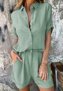 Zweiteiler Set Damen | Leinen-Hemd & Shorts im Sommer-Look in Grün