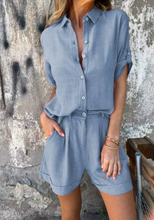 Zweiteiler Set Damen | Leinen-Hemd & Shorts im Sommer-Look in Blau