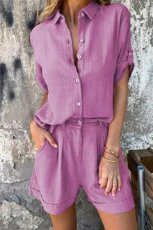 Zweiteiler Set Damen | Leinen-Hemd & Shorts im Sommer-Look in Rosa