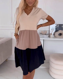 Alva | Farbblock Freizeitkleid mit kurzen Ärmeln in Khaki