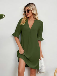 Amy™ - Lässiges, lockeres, plissiertes knielanges Kleid in Olivgrün