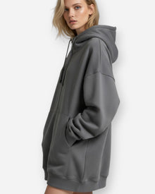 Kapuzenpullover für Damen mit Reißverschluss - Oversize und Lang in Grau