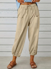 Damen Leichte Cropped Sommer Hose mit Kordelzug in Beige