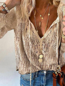 Damen V Ausschnitt Spitze Boho Bluse in Beige